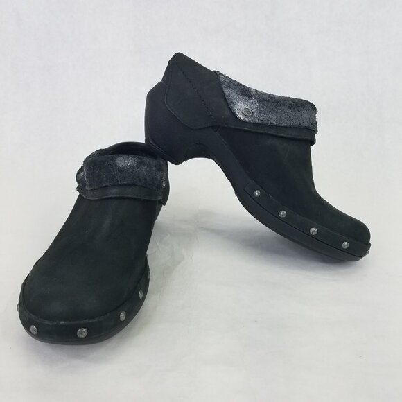 Merrell Luxe Wrap Mule Women's 6 Black Suede Leather Clog Metal Rivets Cone Heel - Picture 1 of 16